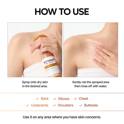 Dr.Melaxin Body Keratin Care Kojic Acid Turmeric Spray with AHA & PHA, Gentle Body Brightening & Exfoliating Peeling Solution for Dead Skin Cells & Texture, Korean Skincare, 6.76 fl.o